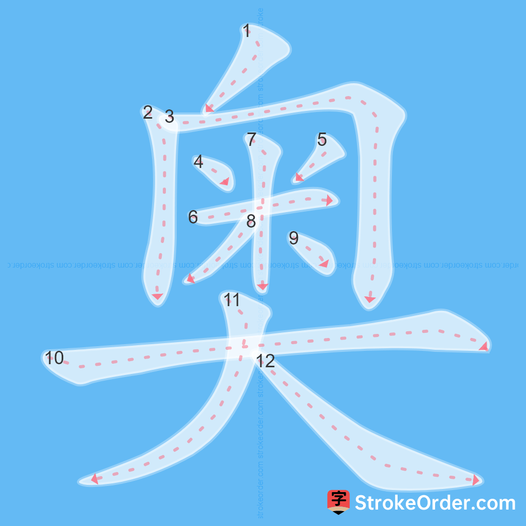 Standard stroke order for the Chinese character 奥