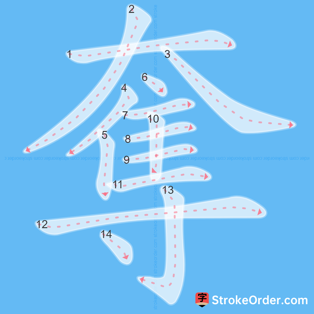 Standard stroke order for the Chinese character 奪