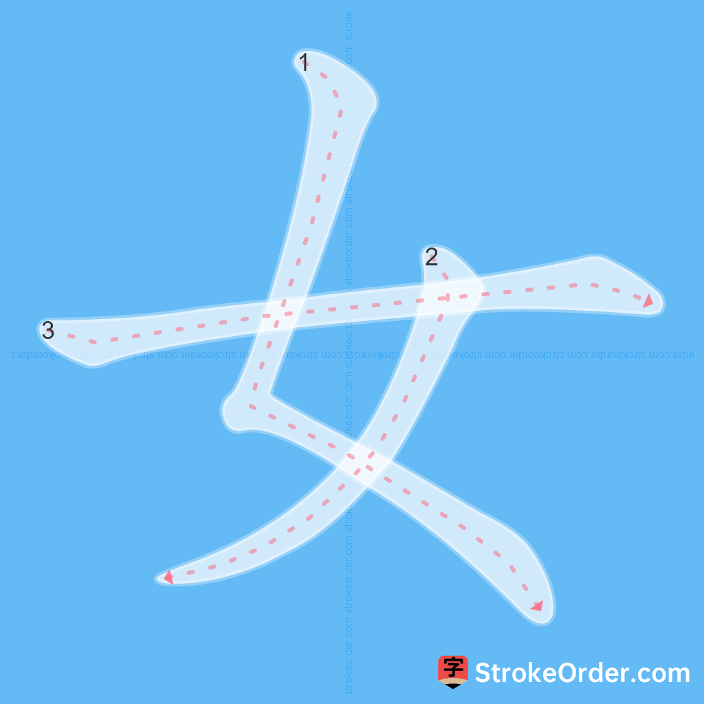 Standard stroke order for the Chinese character 女