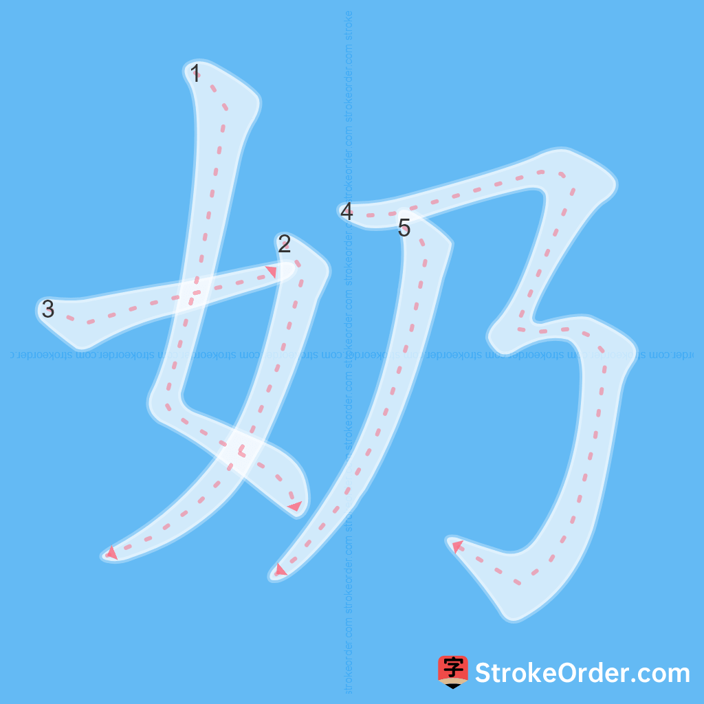 Standard stroke order for the Chinese character 奶