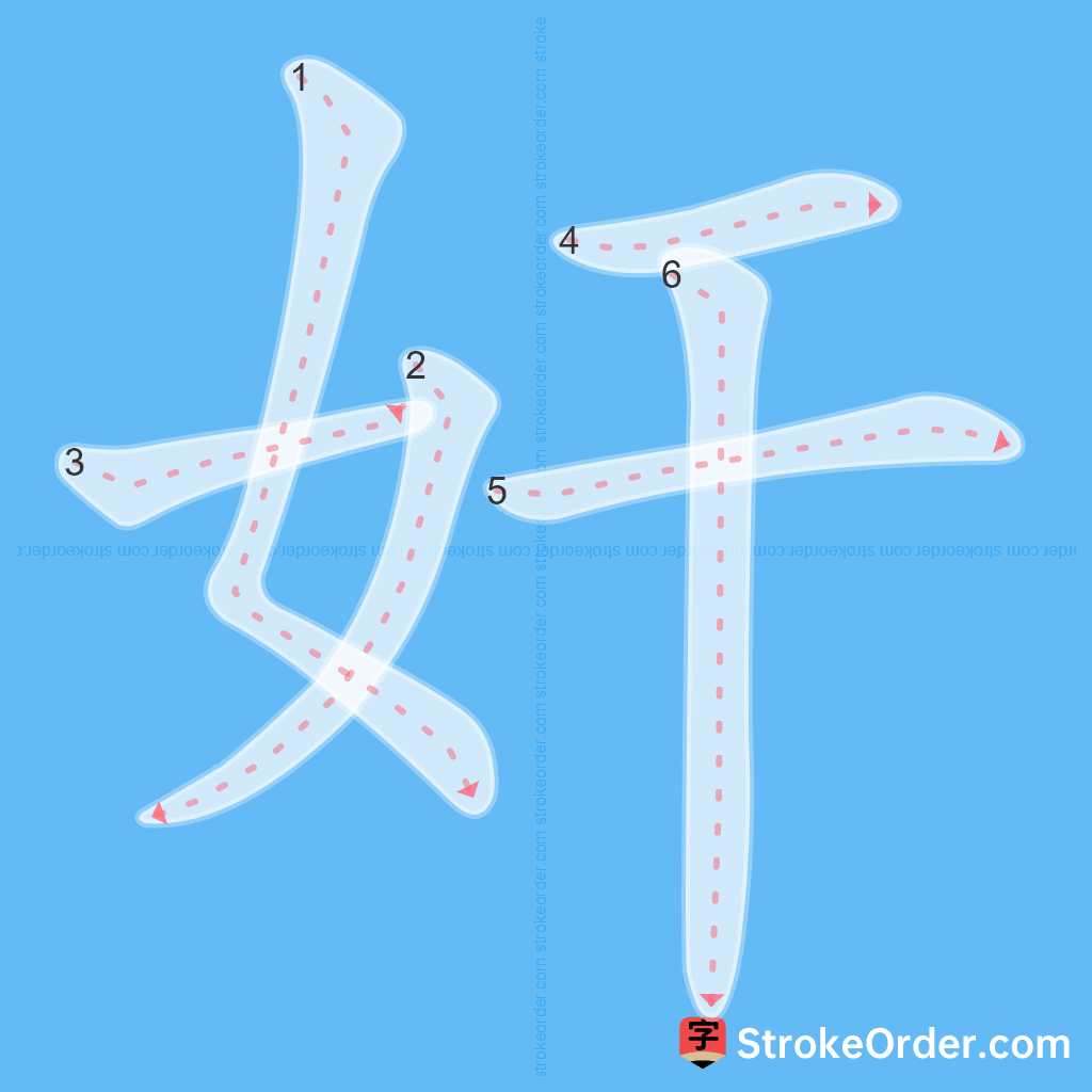 Standard stroke order for the Chinese character 奸