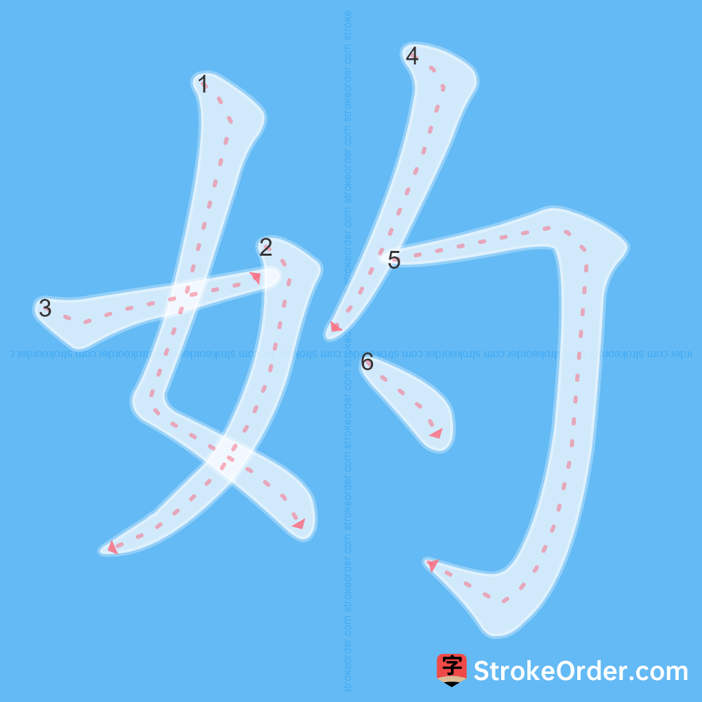 Standard stroke order for the Chinese character 妁