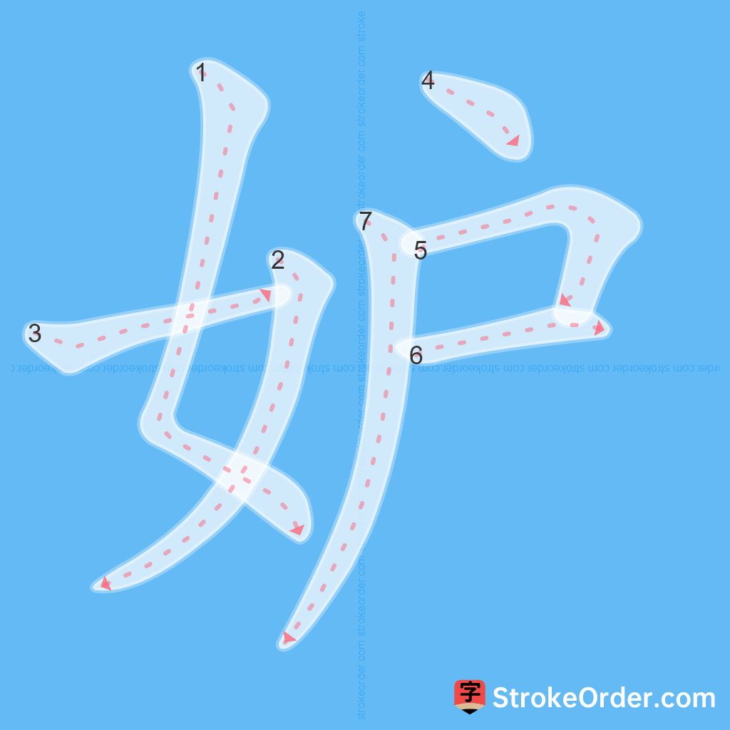 Standard stroke order for the Chinese character 妒