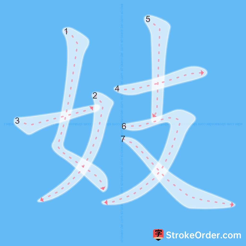 Standard stroke order for the Chinese character 妓