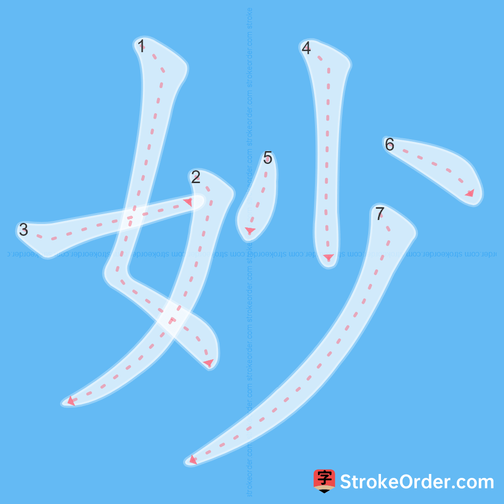 Standard stroke order for the Chinese character 妙