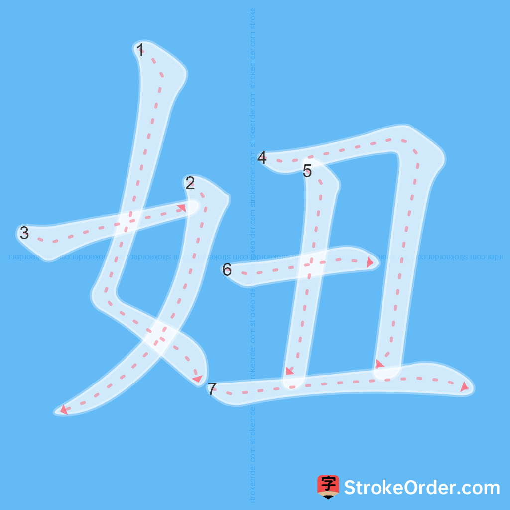 Standard stroke order for the Chinese character 妞