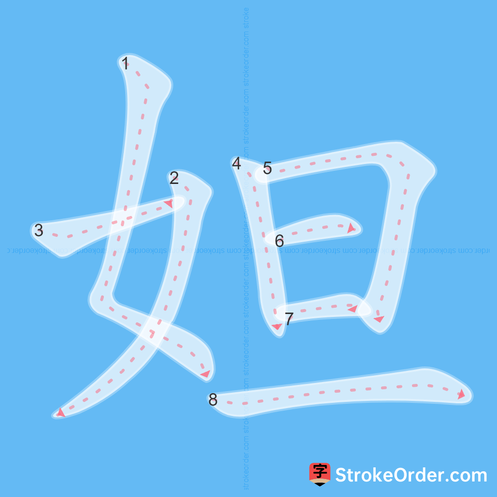 Standard stroke order for the Chinese character 妲