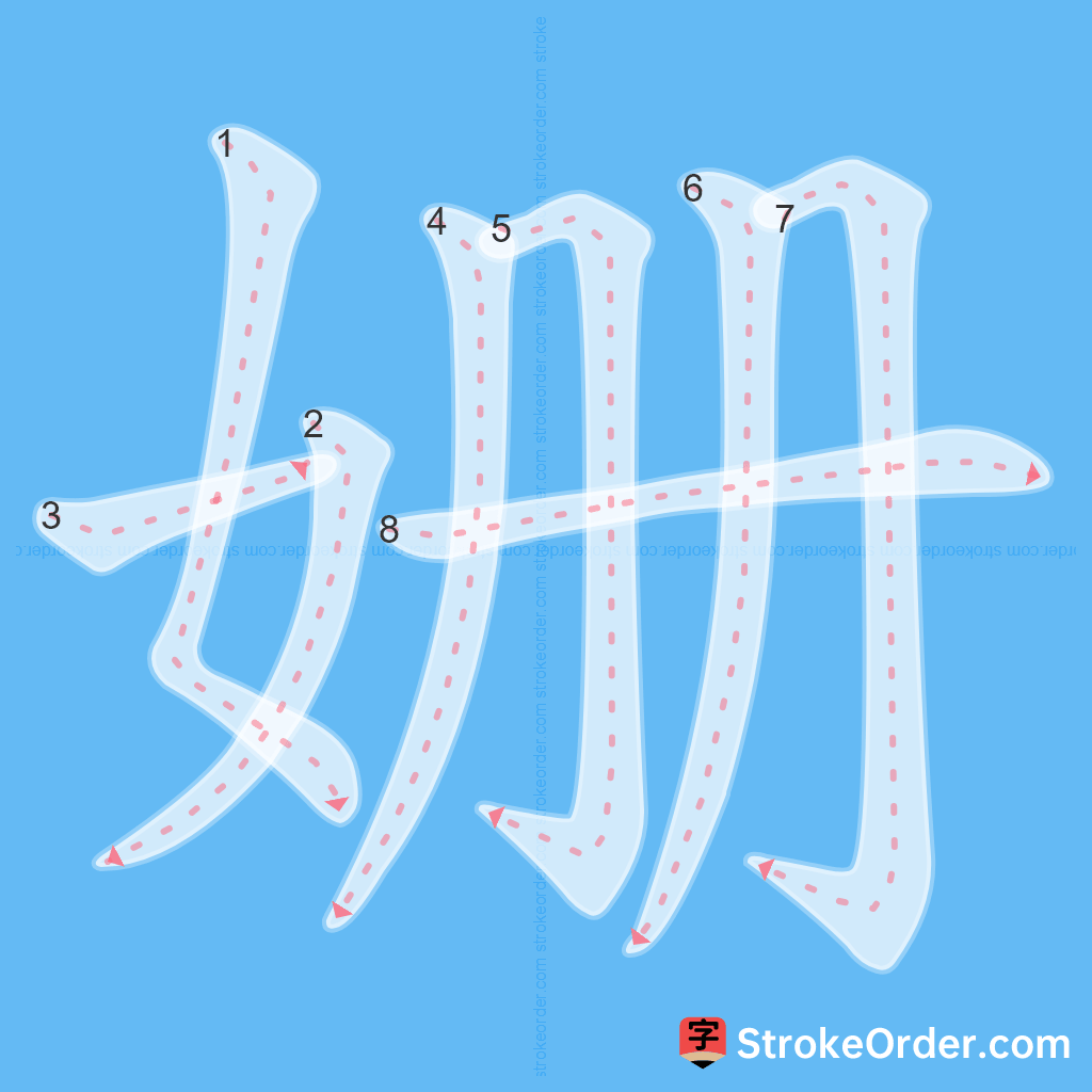 Standard stroke order for the Chinese character 姗