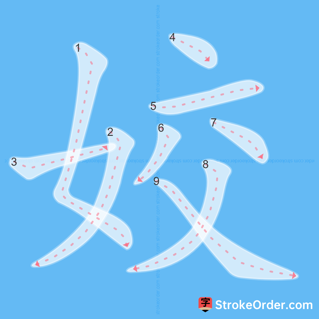 Standard stroke order for the Chinese character 姣