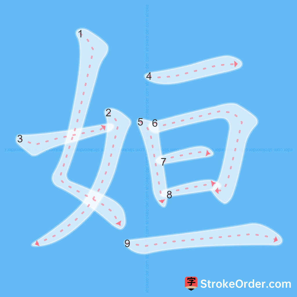 Standard stroke order for the Chinese character 姮