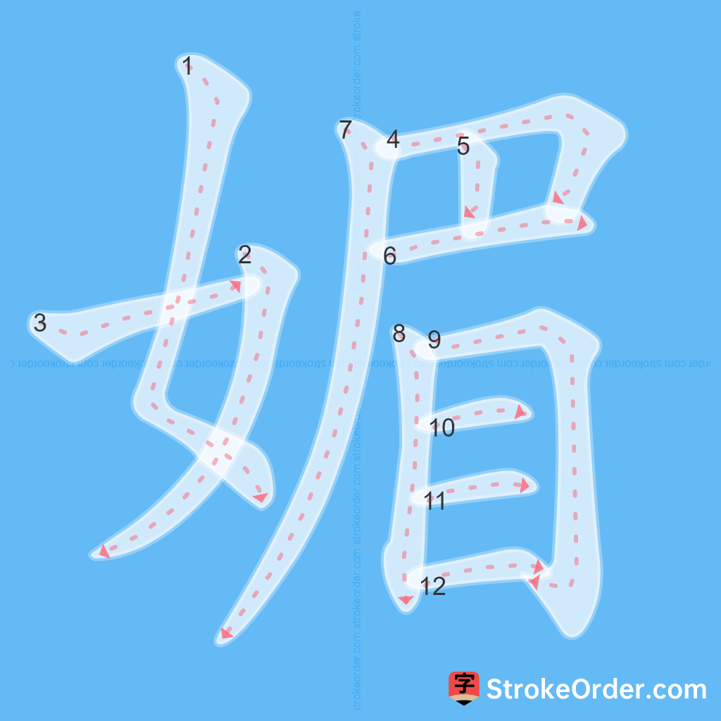 Standard stroke order for the Chinese character 媚
