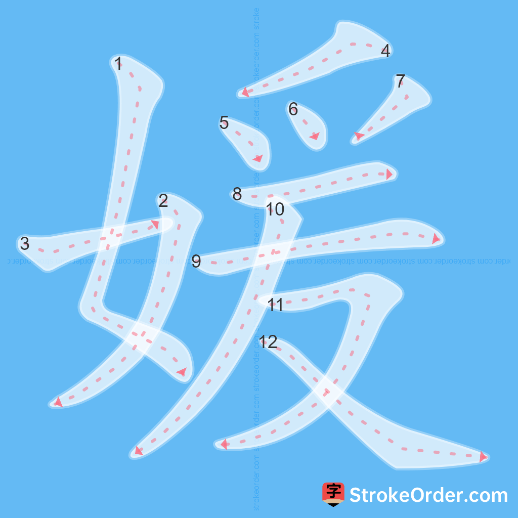 Standard stroke order for the Chinese character 媛
