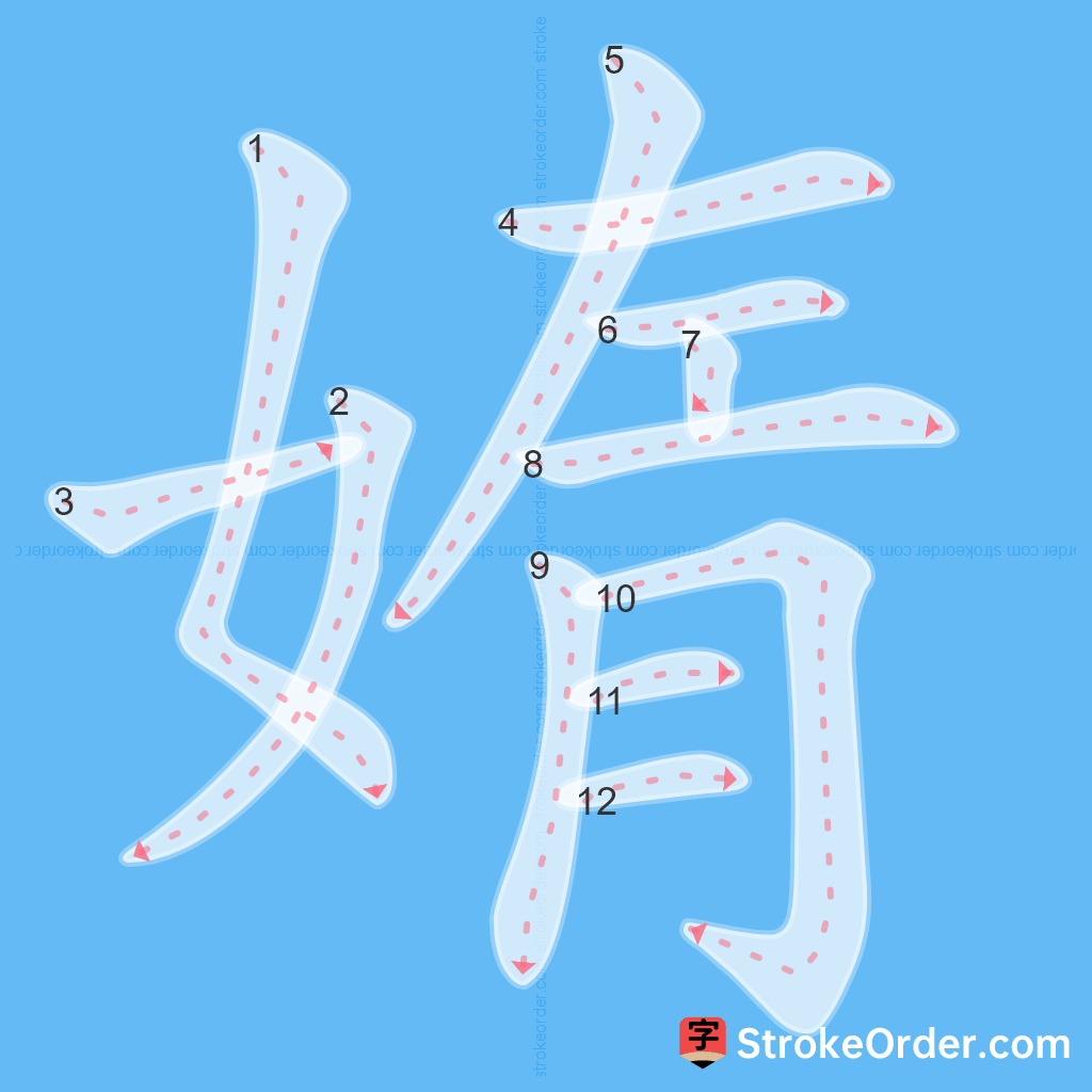 Standard stroke order for the Chinese character 媠