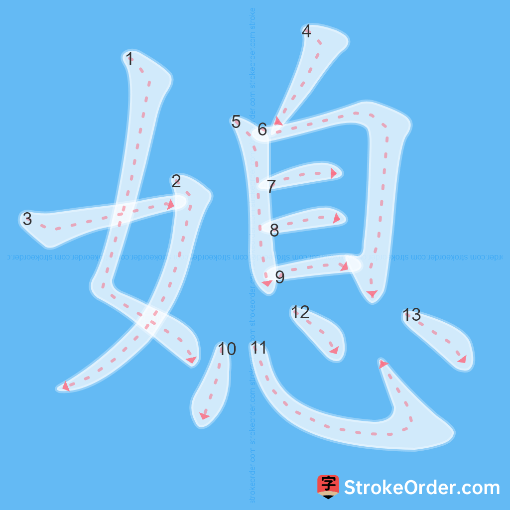 Standard stroke order for the Chinese character 媳