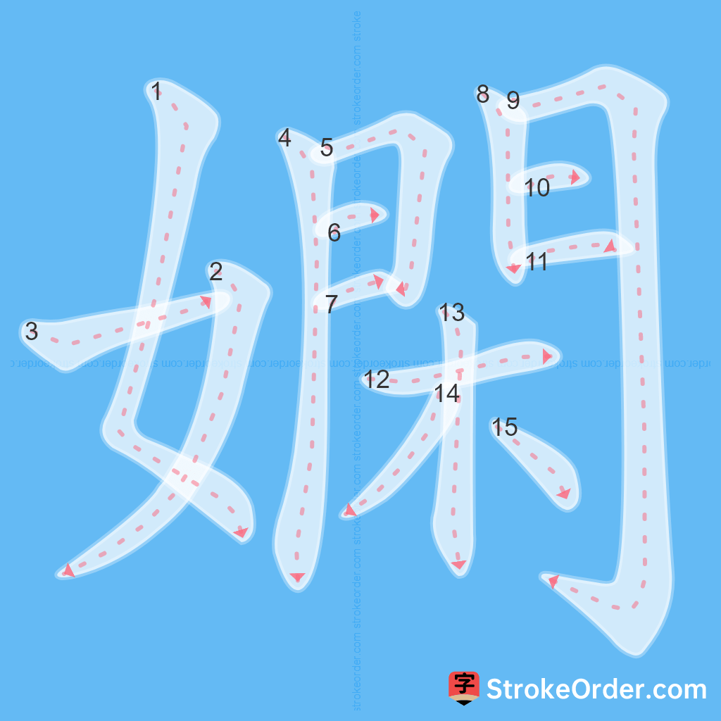 Standard stroke order for the Chinese character 嫻
