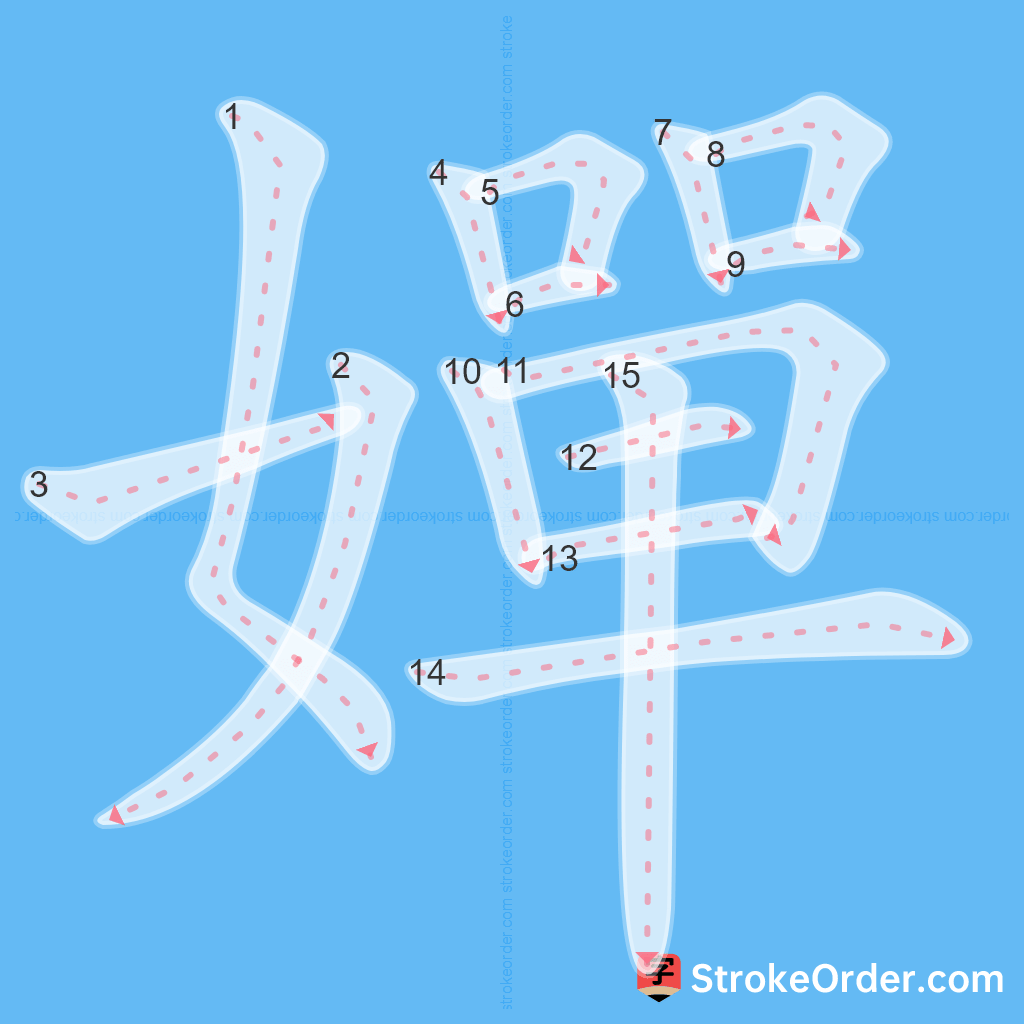 Standard stroke order for the Chinese character 嬋