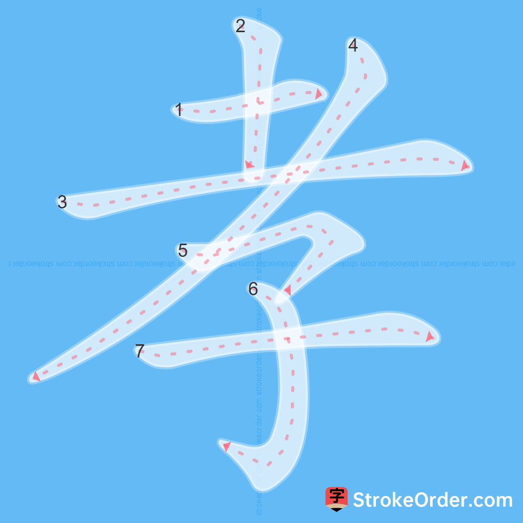 Standard stroke order for the Chinese character 孝