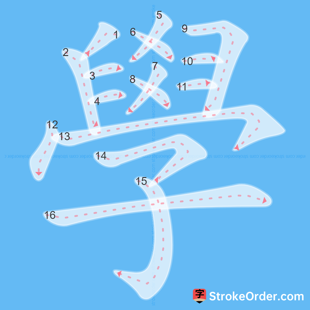 Standard stroke order for the Chinese character 學