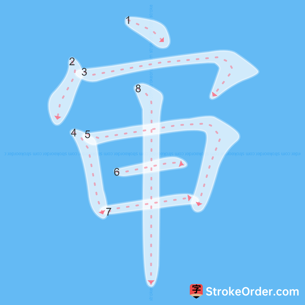 Standard stroke order for the Chinese character 审