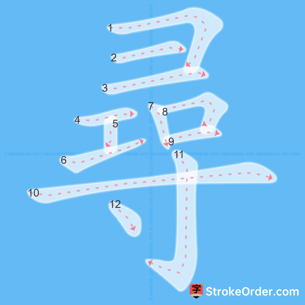 Standard stroke order for the Chinese character 尋
