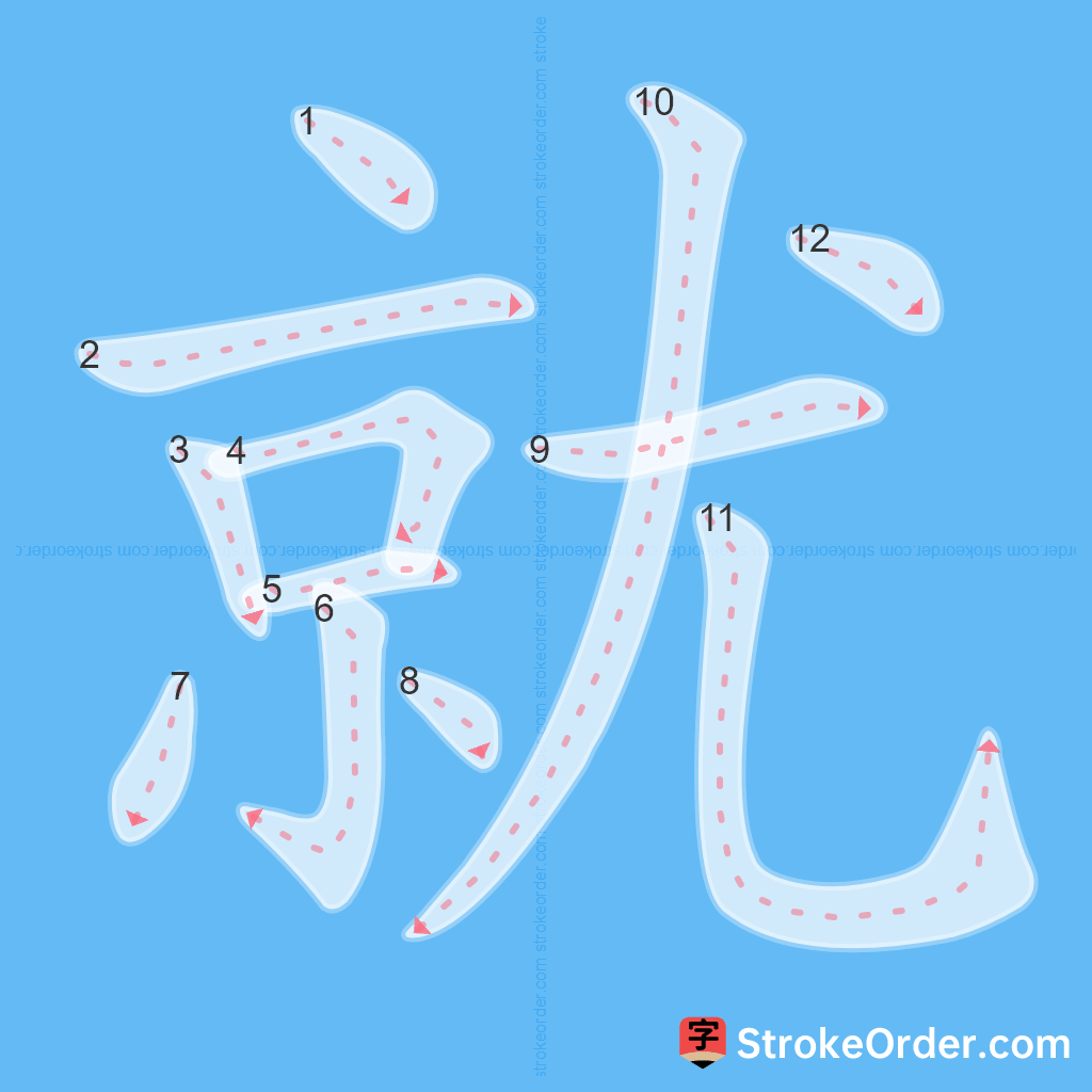 Standard stroke order for the Chinese character 就