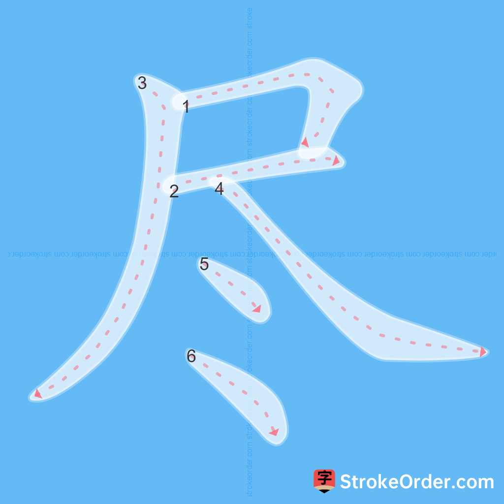 Standard stroke order for the Chinese character 尽