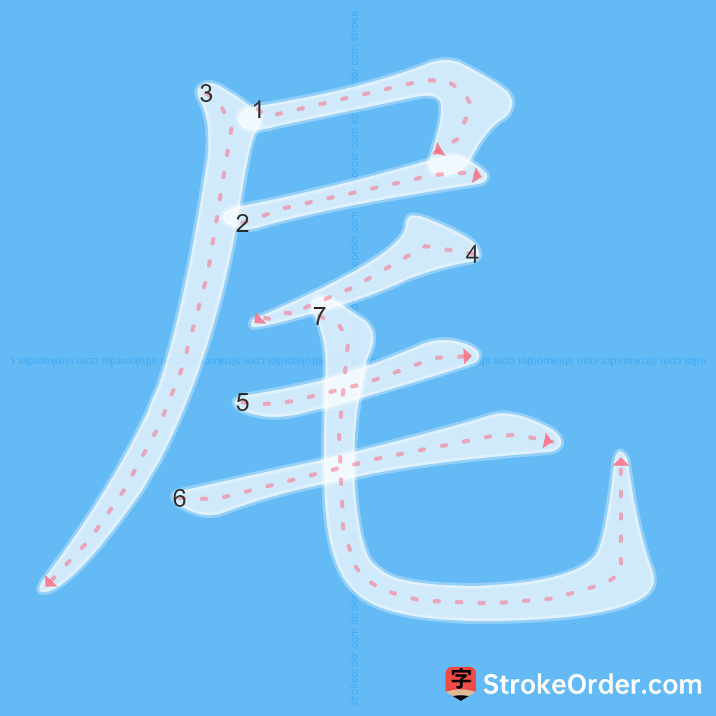 Standard stroke order for the Chinese character 尾