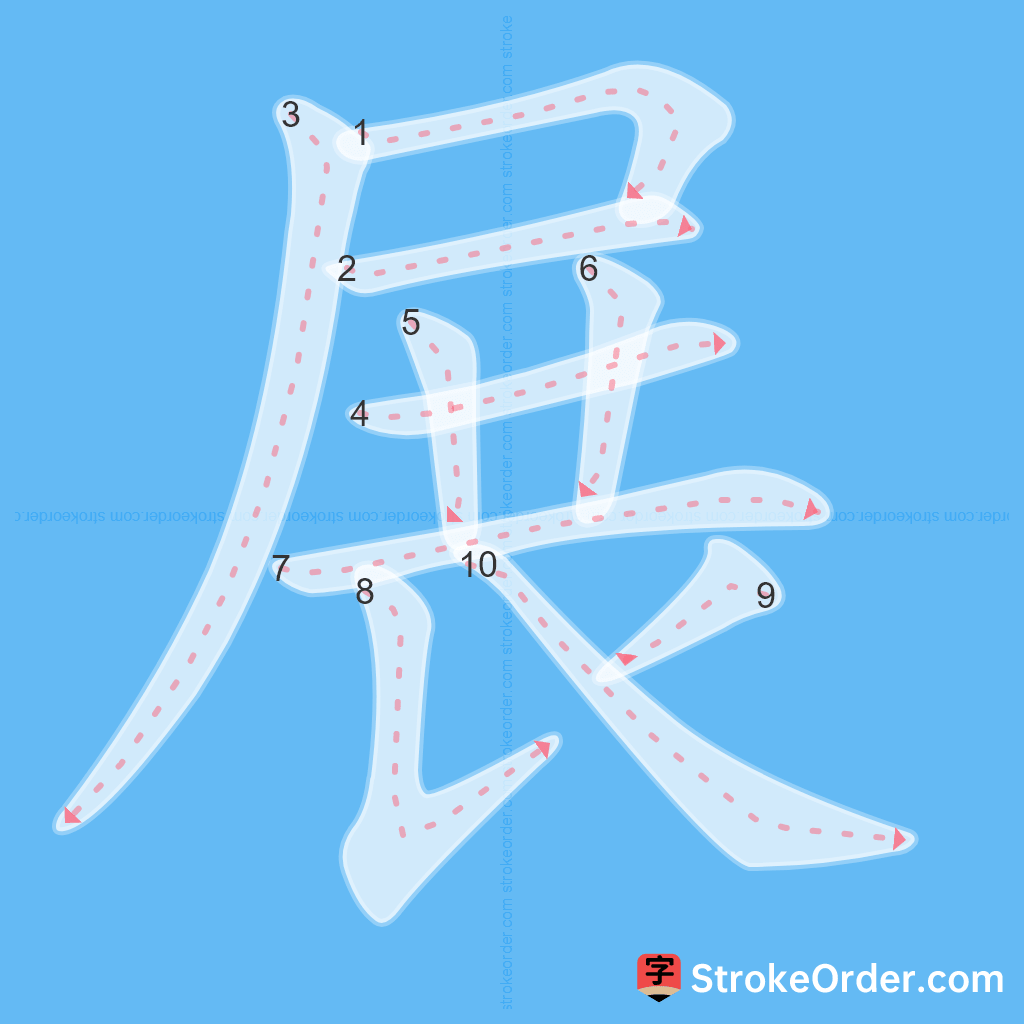 Standard stroke order for the Chinese character 展
