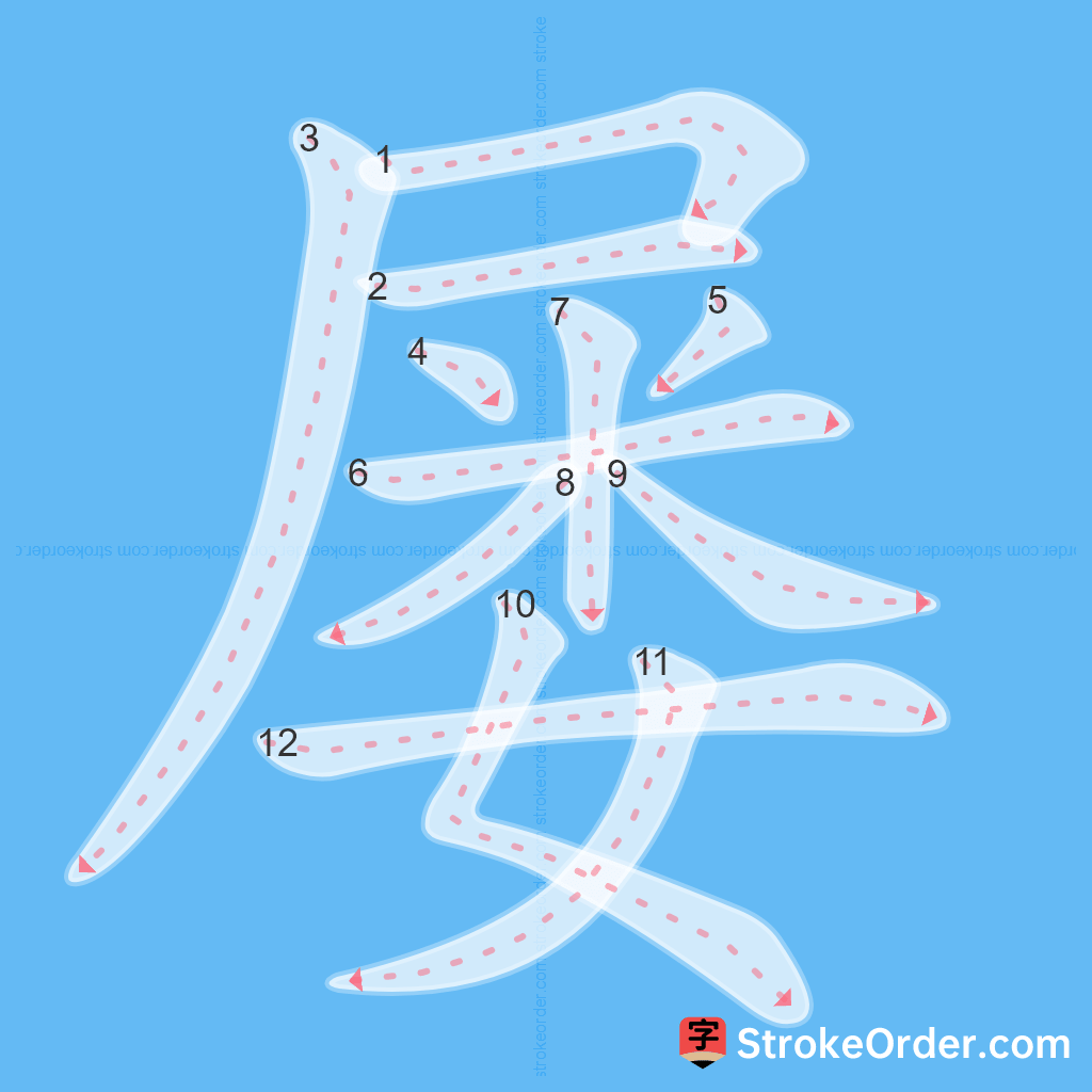 Standard stroke order for the Chinese character 屡