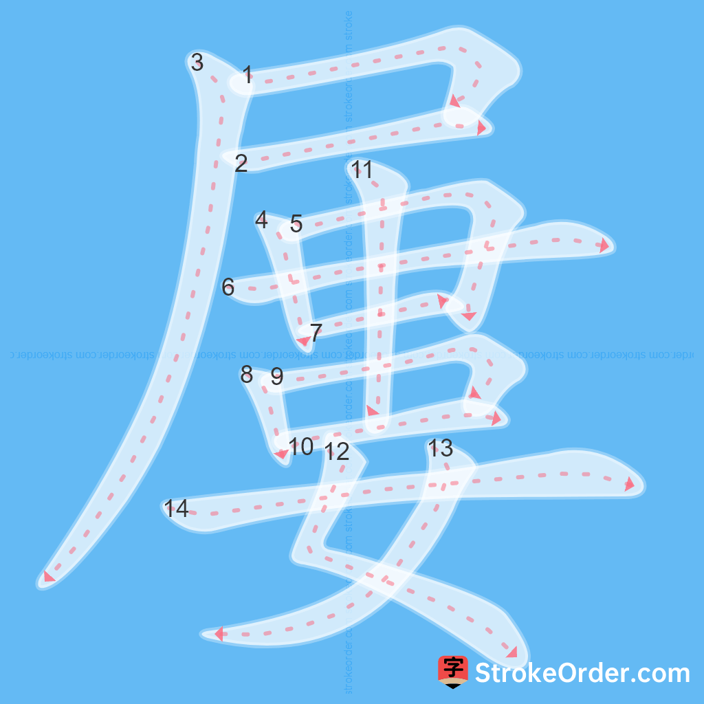 Standard stroke order for the Chinese character 屢