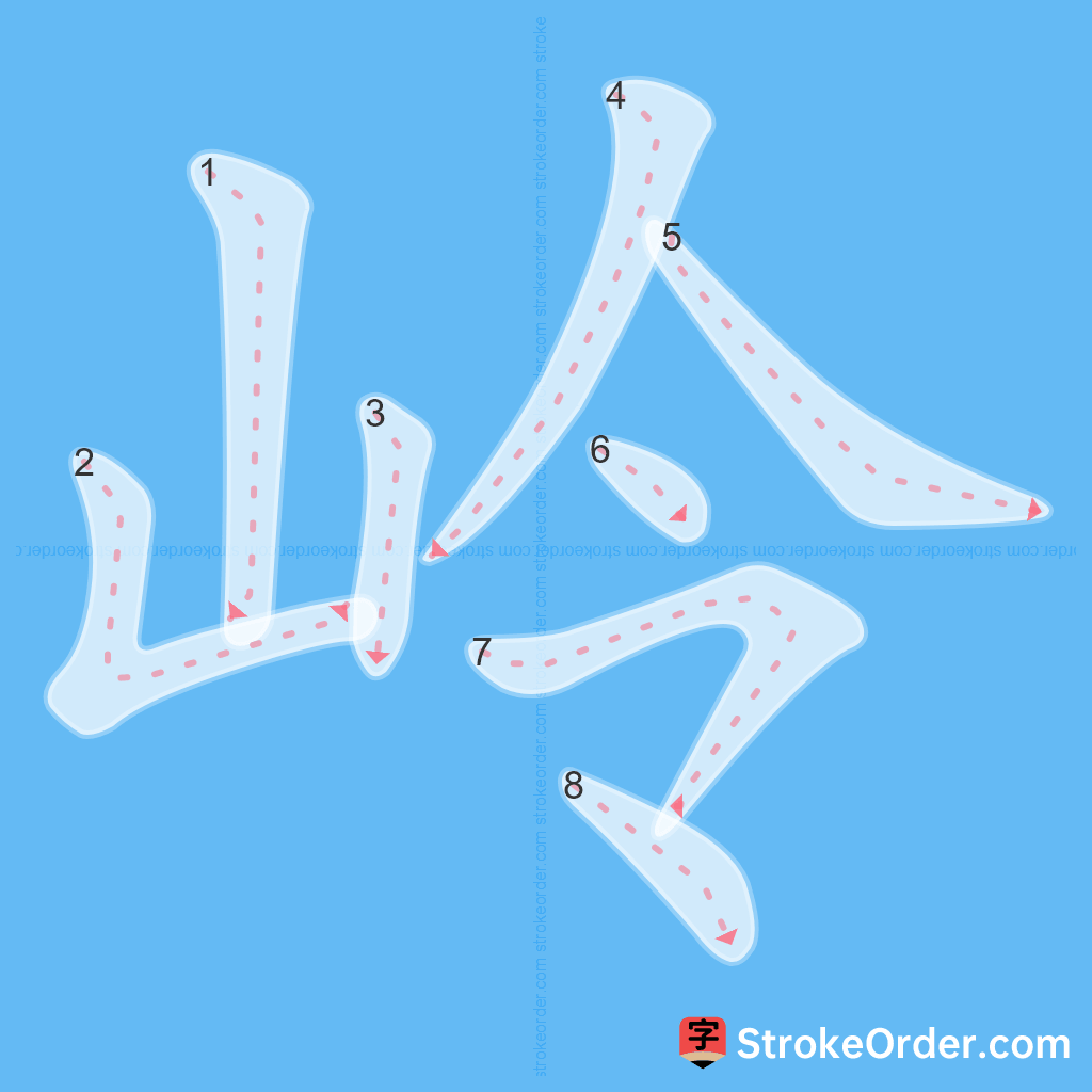 Standard stroke order for the Chinese character 岭