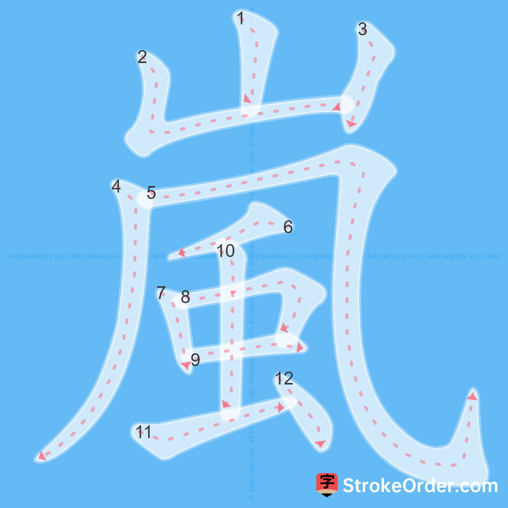 Standard stroke order for the Chinese character 嵐