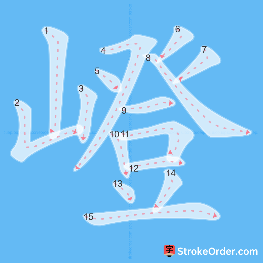 Standard stroke order for the Chinese character 嶝