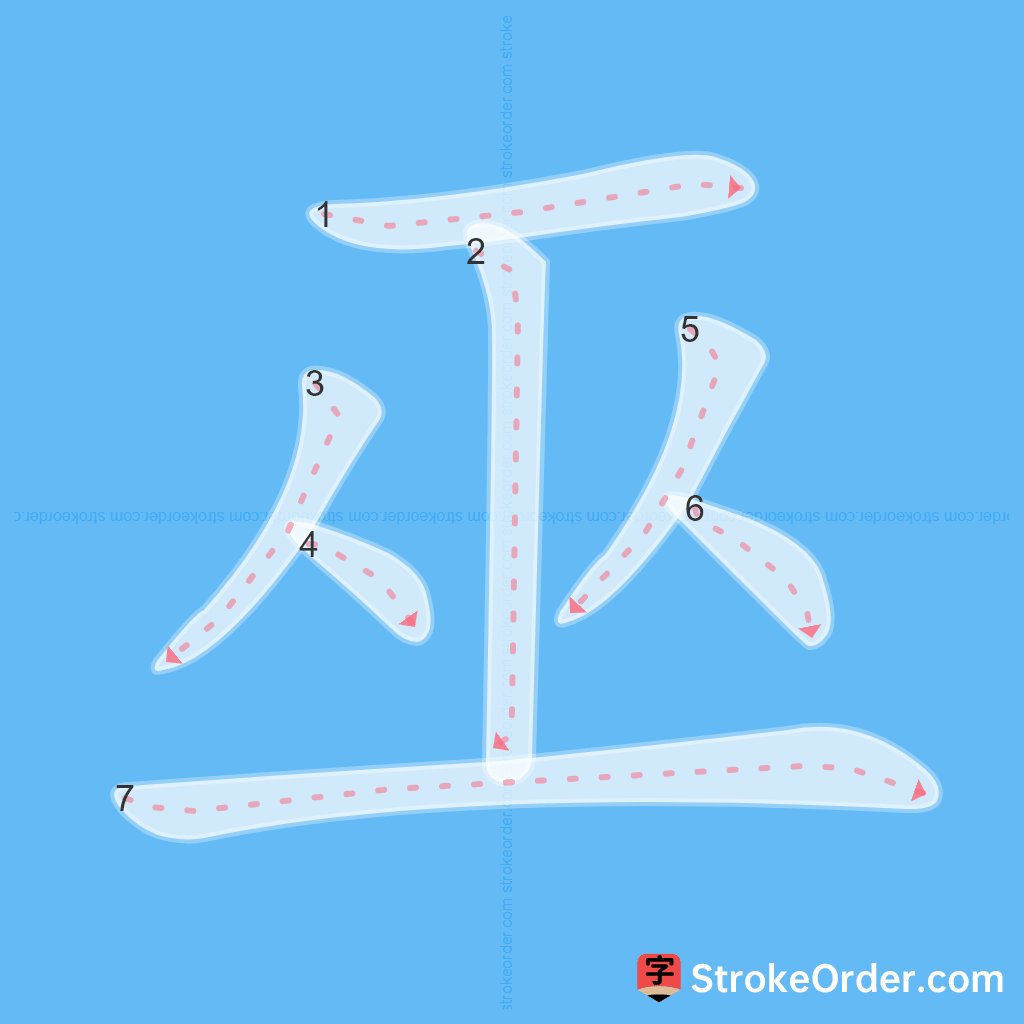 Standard stroke order for the Chinese character 巫