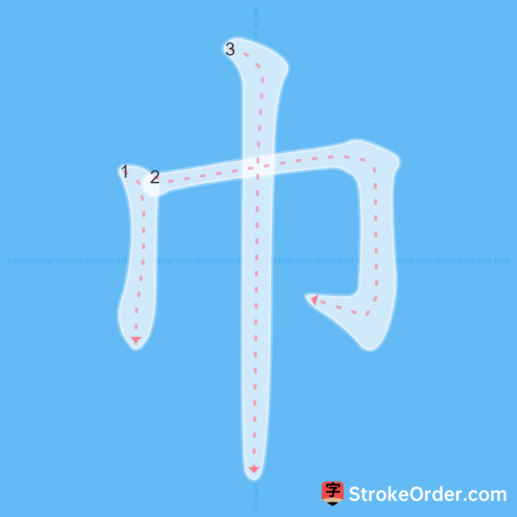 Standard stroke order for the Chinese character 巾