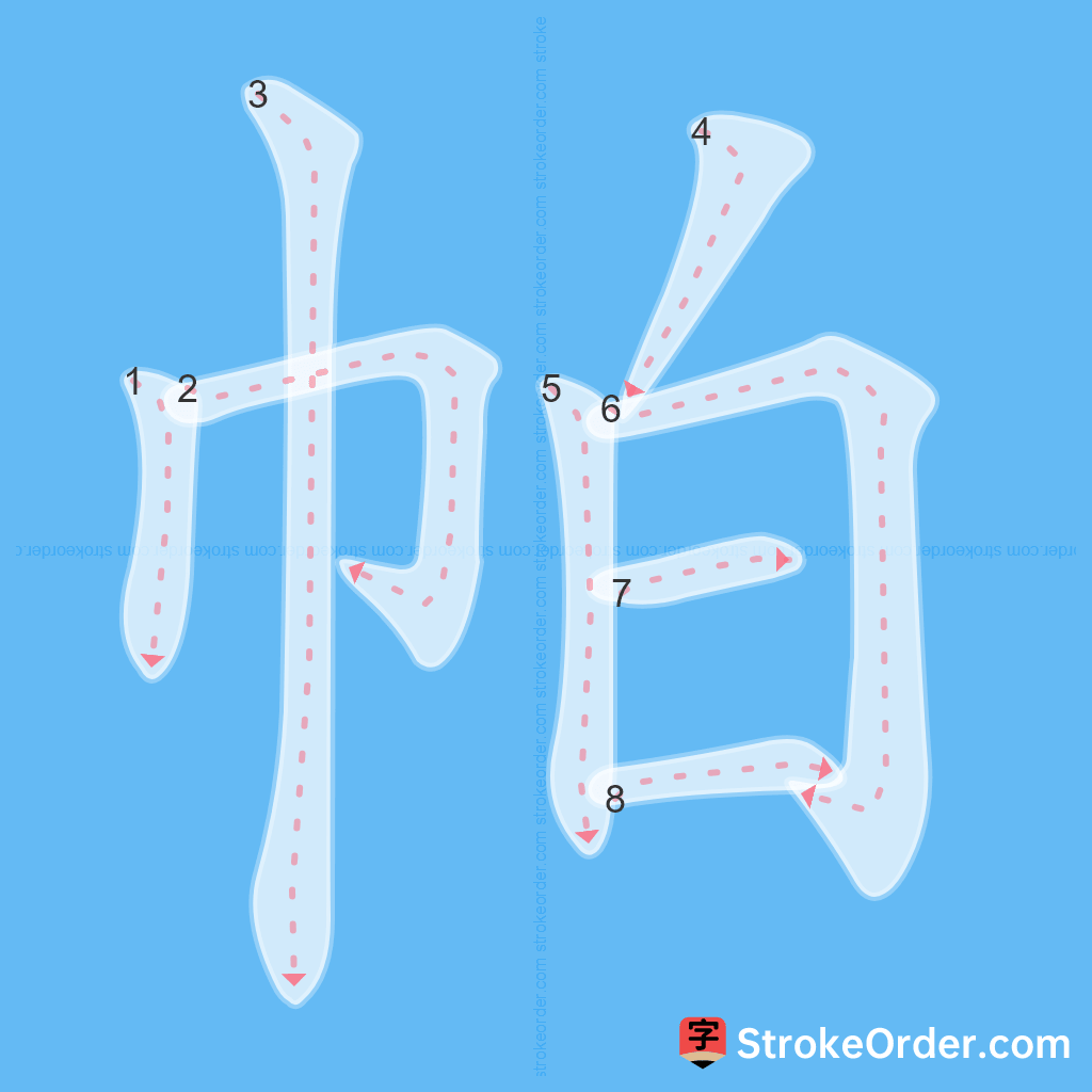 Standard stroke order for the Chinese character 帕