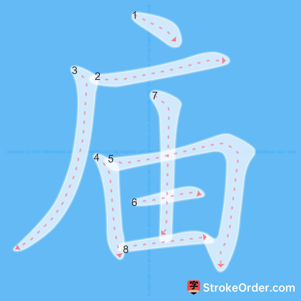 Standard stroke order for the Chinese character 庙
