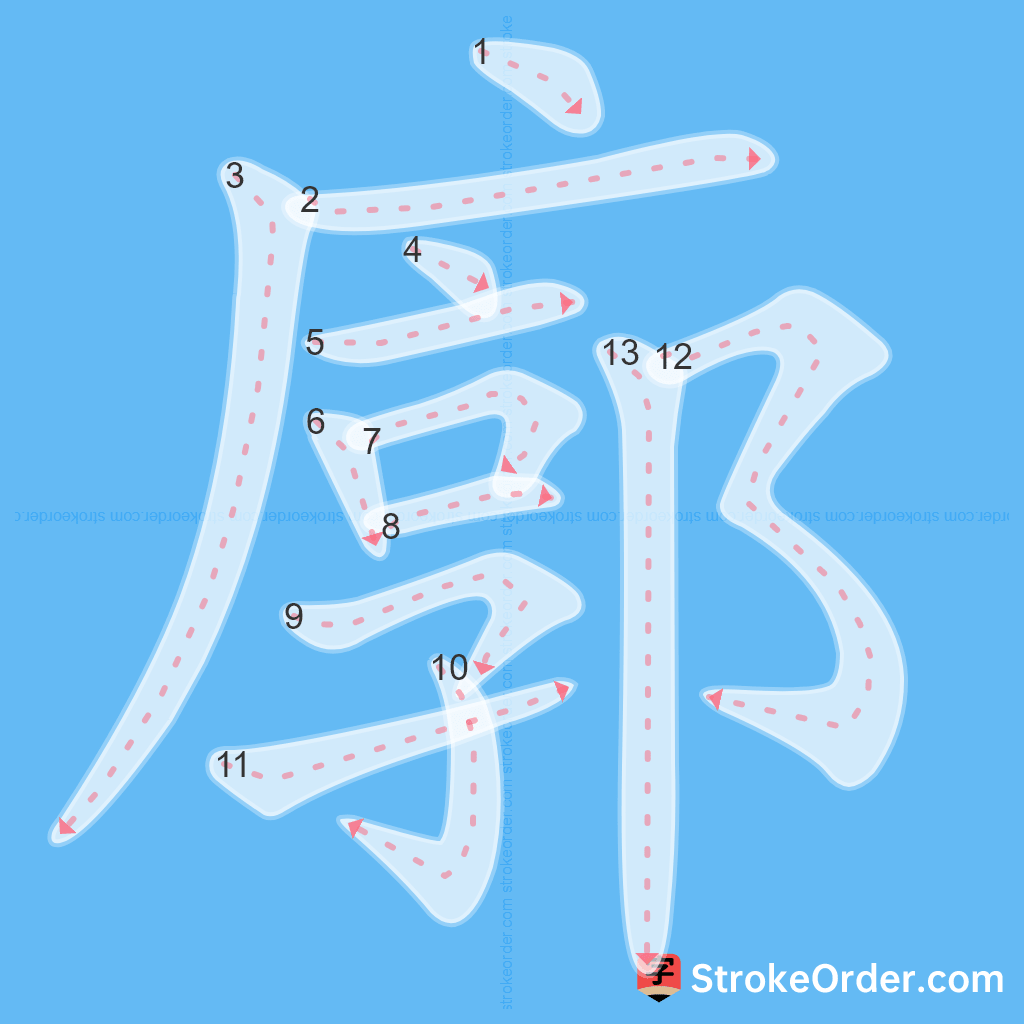 Standard stroke order for the Chinese character 廓
