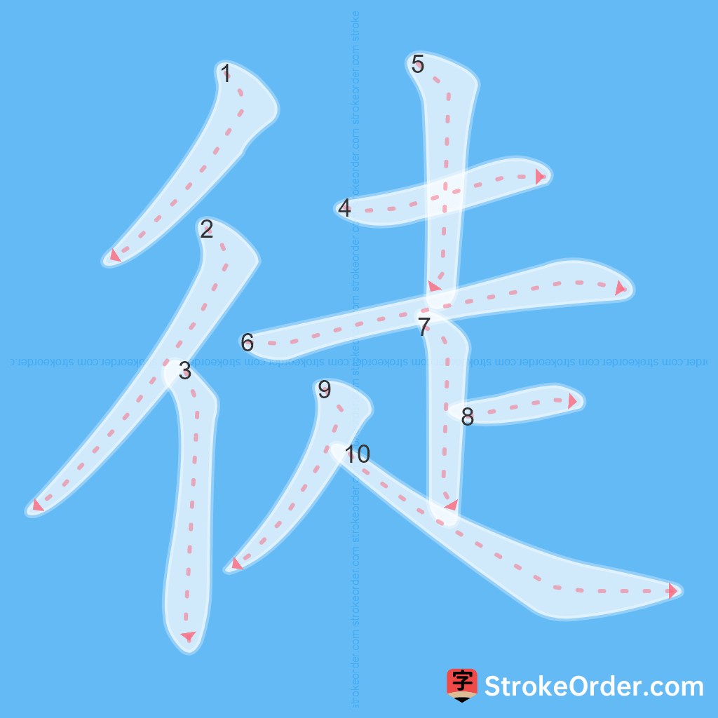 Standard stroke order for the Chinese character 徒