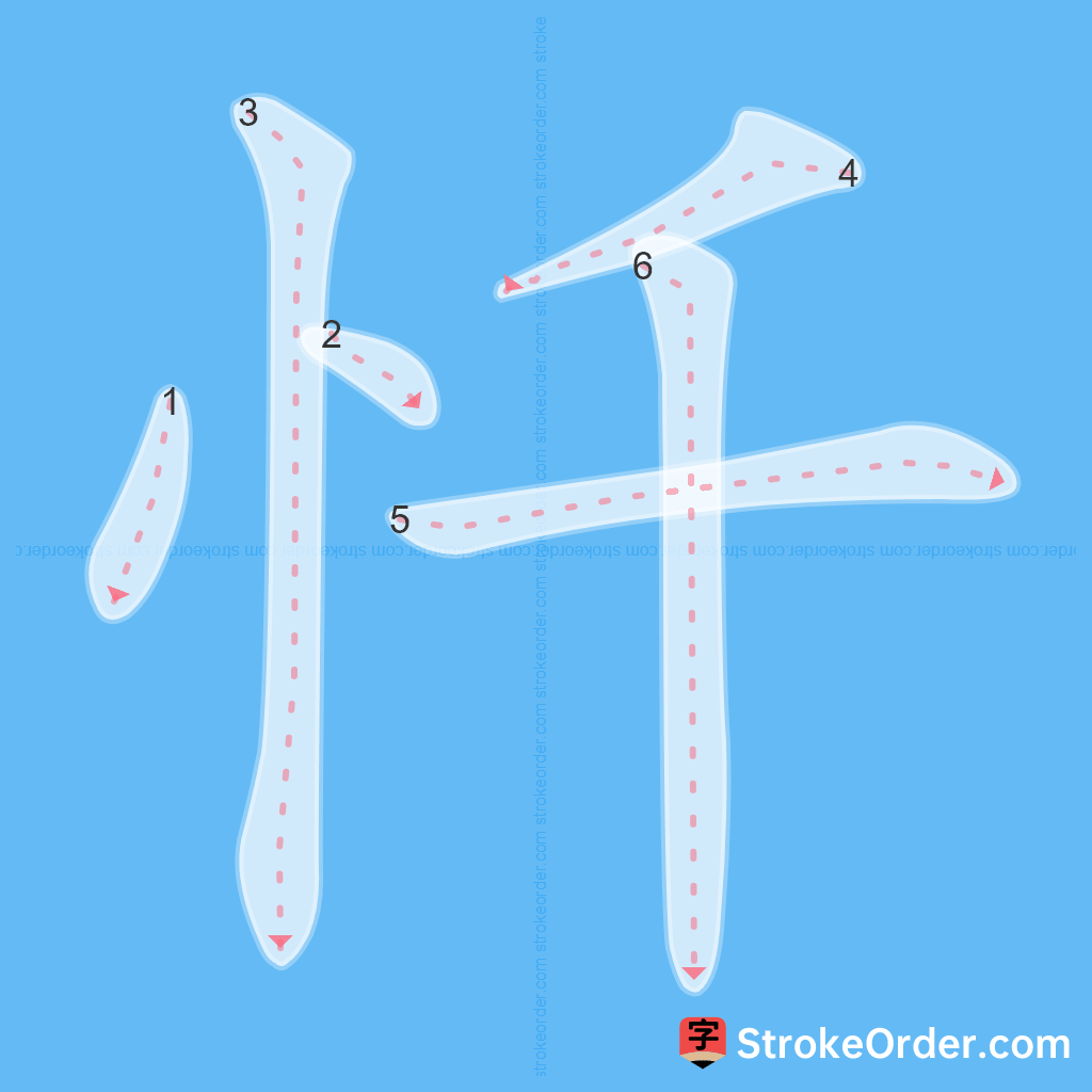 Standard stroke order for the Chinese character 忏
