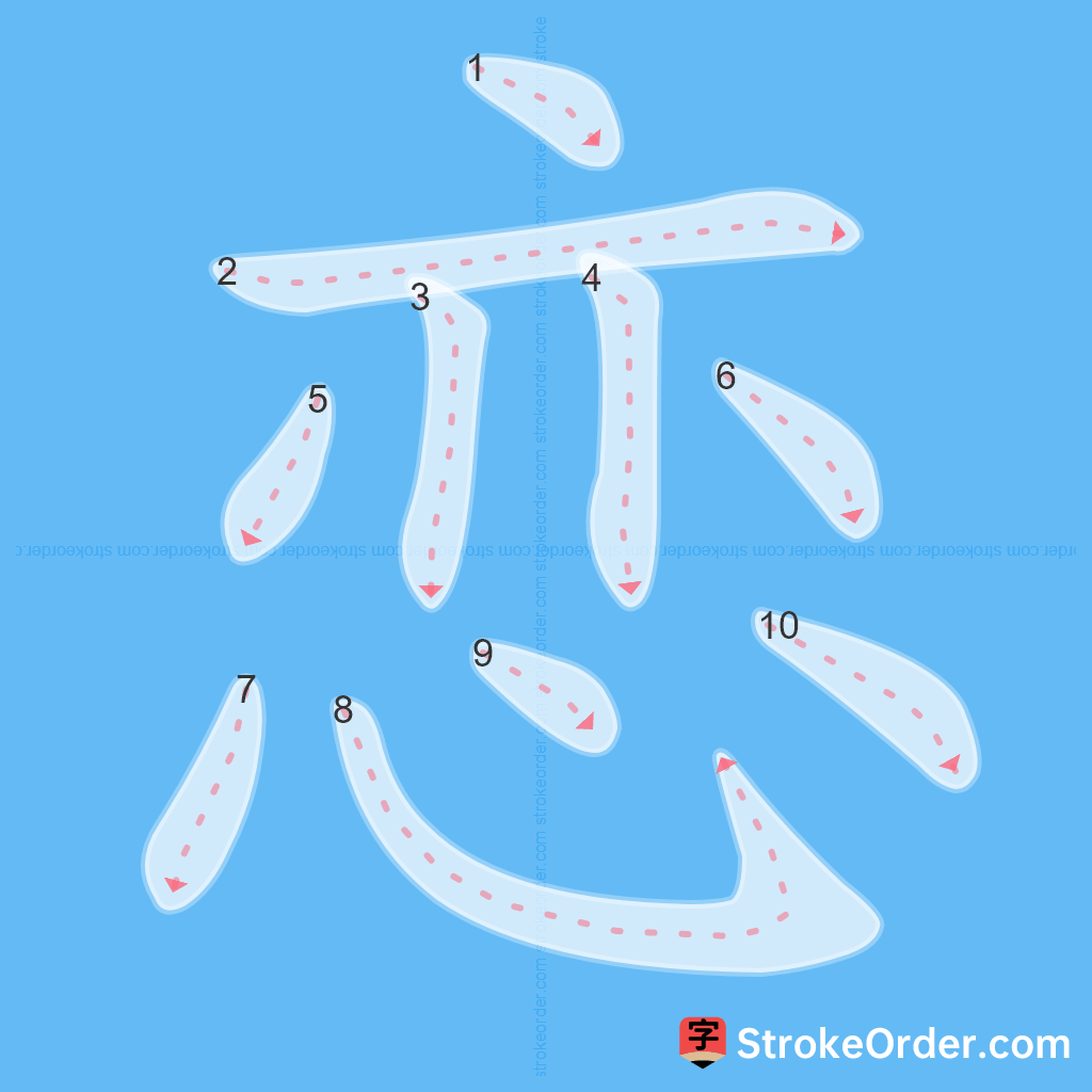 Standard stroke order for the Chinese character 恋