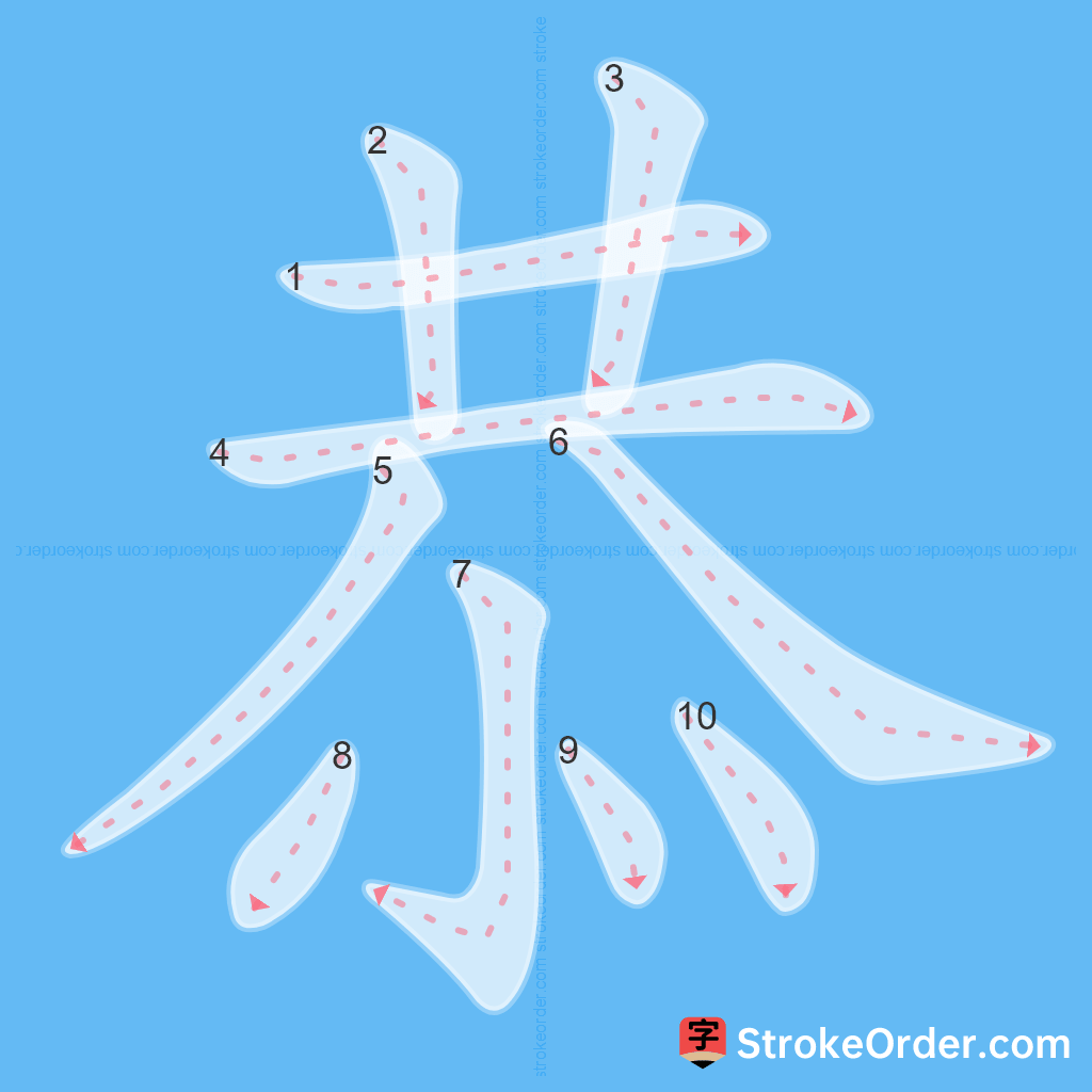 Standard stroke order for the Chinese character 恭