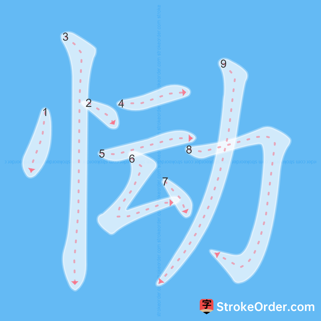 Standard stroke order for the Chinese character 恸