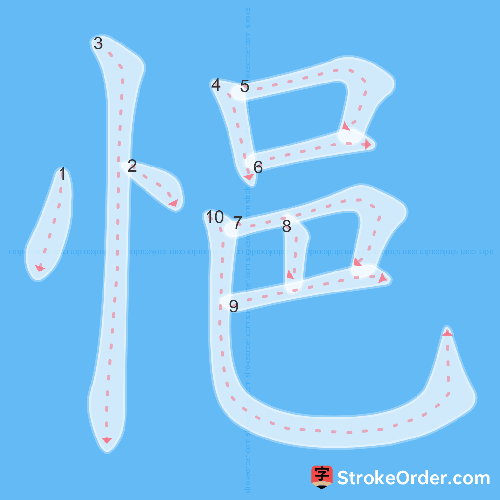 Standard stroke order for the Chinese character 悒