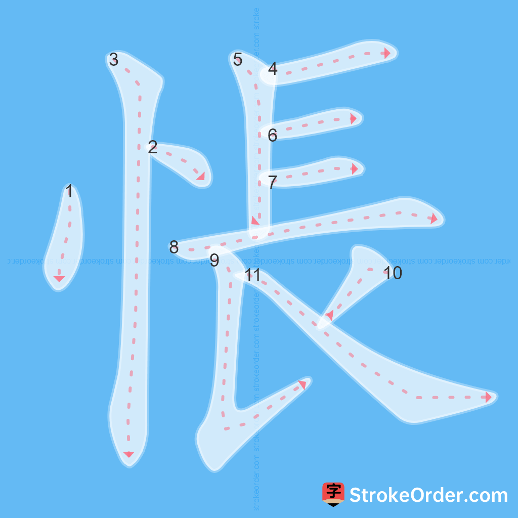 Standard stroke order for the Chinese character 悵