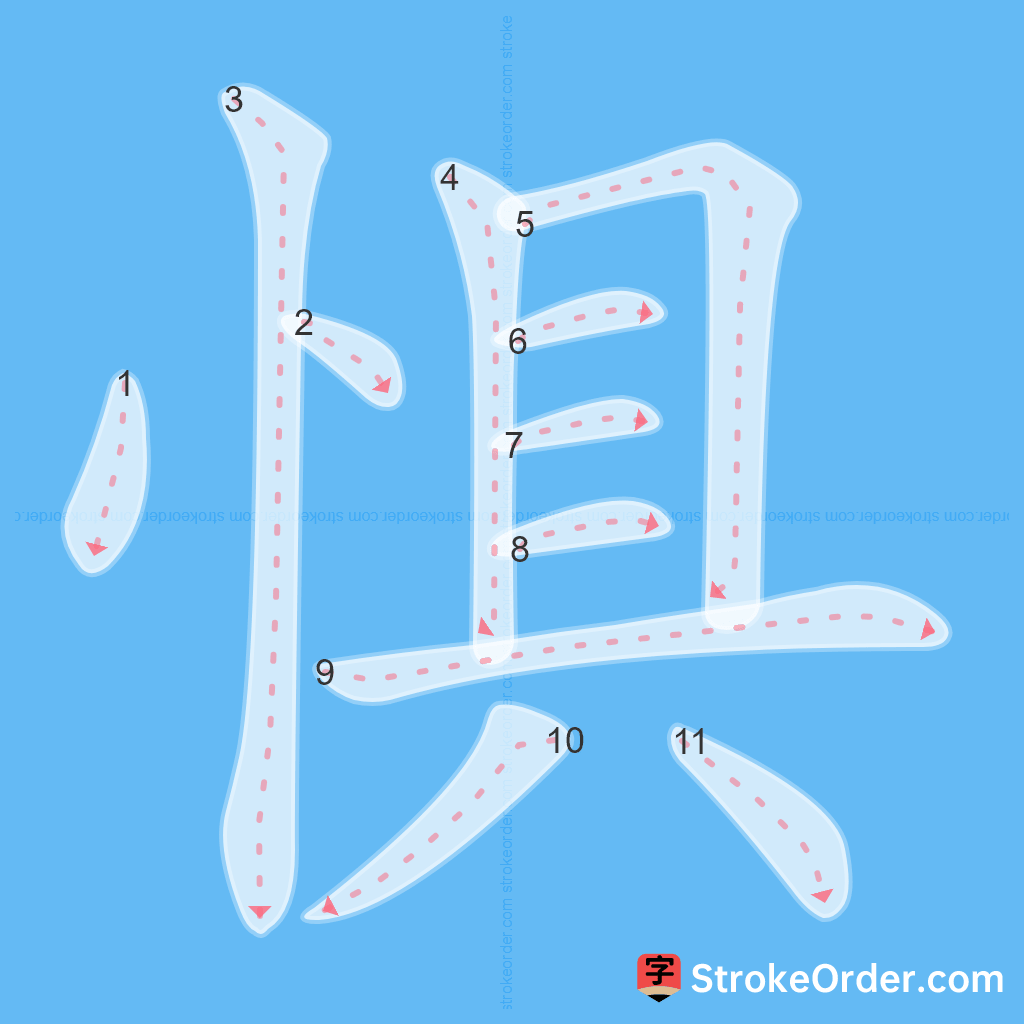 Standard stroke order for the Chinese character 惧
