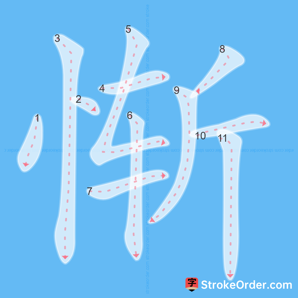 Standard stroke order for the Chinese character 惭