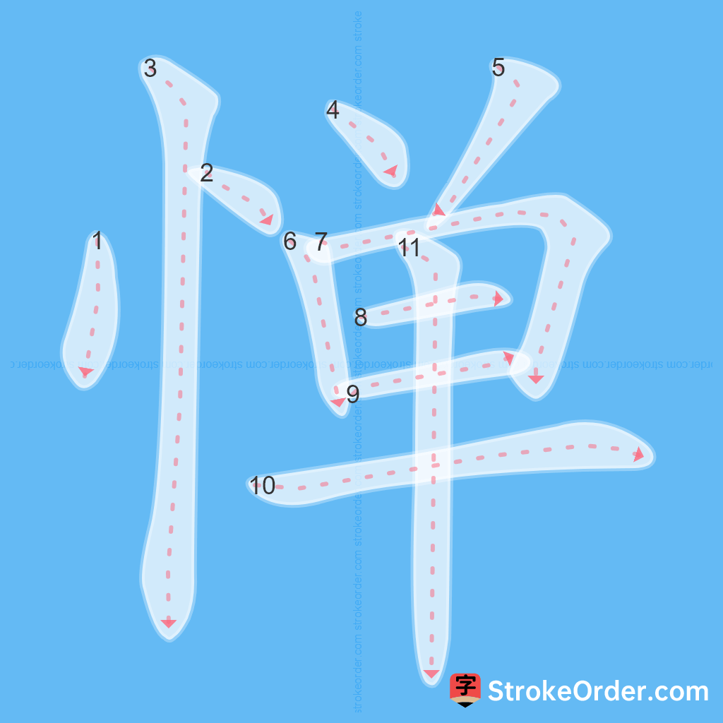 Standard stroke order for the Chinese character 惮