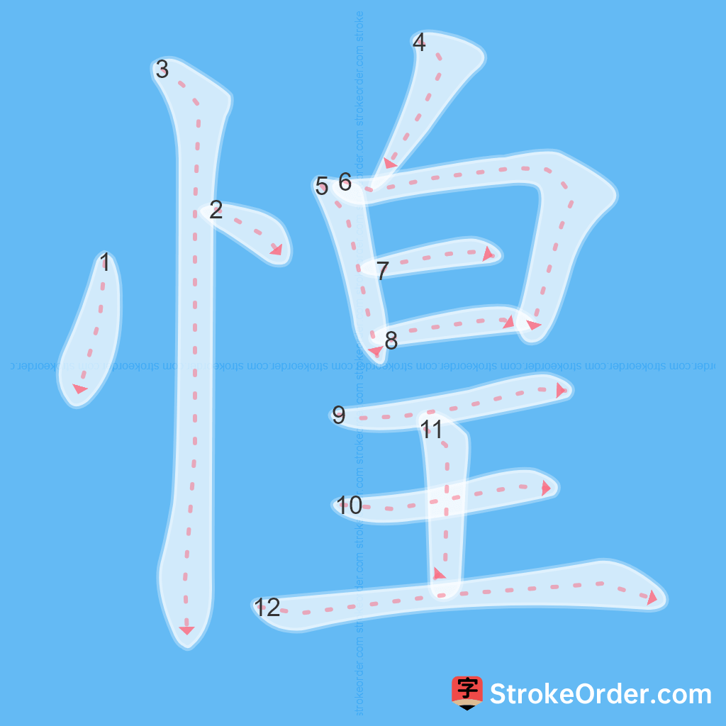 Standard stroke order for the Chinese character 惶