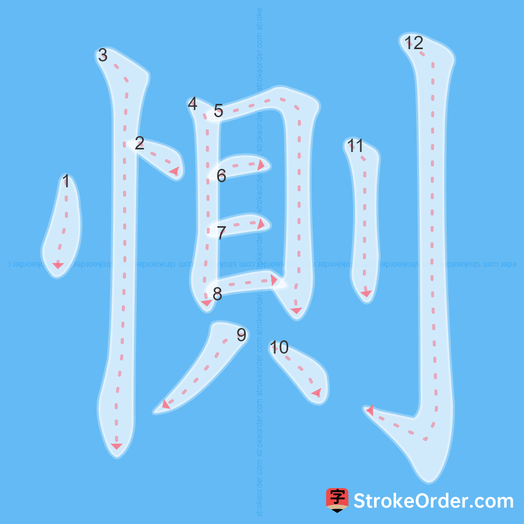 Standard stroke order for the Chinese character 惻